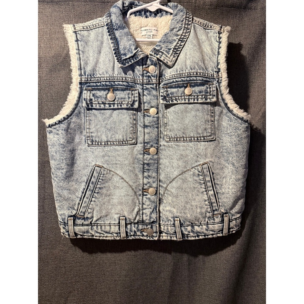 Celebrity Pink Girls Denim Vest Sherpa Lined Light Wash Snap Front Size XXL